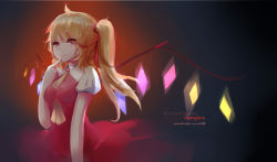 Rule 34 | 1girl, absurdres, adapted costume, arm at side, ascot, bad id, bad pixiv id, between breasts, blonde hair, breasts, brooch, character name, dress, english text, finger to mouth, flandre scarlet, hair ribbon, heart, heart-shaped pupils, highres, impossible clothes, impossible dress, jewelry, kanji, lips, looking at viewer, red dress, red eyes, red theme, ribbon, shirt, short hair, side ponytail, sleeveless, sleeveless shirt, smile, solo, symbol-shaped pupils, touhou, white shirt, wings, yi ping jiangyou jun