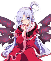 Rule 34 | 1girl, ;), black bow, black wings, blue eyes, bow, capelet, closed mouth, dress, grey eyes, grey hair, hair bobbles, hair ornament, highres, ichimura kanata, index finger raised, long hair, long sleeves, looking at viewer, multiple wings, one eye closed, one side up, parted bangs, red capelet, red dress, shinki (touhou), simple background, sitting, smile, solo, touhou, touhou (pc-98), very long hair, white background, wings