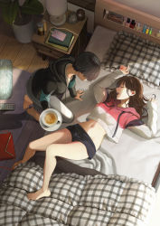 Rule 34 | 2girls, arms up, ass, bag, bare legs, barefoot, bed, black hair, black hoodie, black shorts, blanket, blue nails, book, bottle, bowl, breasts, brown hair, cellphone, charging device, closed eyes, controller, cropped sweater, day, earrings, from above, good, grey pants, handbag, hood, hoodie, icchiramen, indoors, jewelry, lamp, long sleeves, lying, medium breasts, medium hair, midriff, multiple girls, nail polish, navel, nightstand, on back, open mouth, original, pants, perfume bottle, phone, photo (object), picture frame, pillow, pink hoodie, plaid blanket, plaid pillow, plant, plate, remote control, rug, shirt, short hair, short shorts, shorts, sleeves past wrists, smartphone, smile, spoon, standing, standing on one leg, stuffed animal, stuffed rabbit, stuffed toy, sunlight, thighs, white shirt, wooden floor, yuri