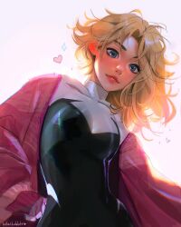 Rule 34 | 1girl, artist name, blonde hair, blue eyes, commentary, english commentary, heart, highres, looking at viewer, lotus bubble, marvel, messy hair, parted lips, simple background, solo, spider-gwen, spider-man: across the spider-verse, spider-man (series), spider-verse, twitter username, white background