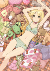 Rule 34 | 1girl, armpits, arms up, blonde hair, bra, couzone, face, green eyes, highres, lingerie, long hair, lying, navel, on back, original, panties, pillow, plaid, plaid bra, plaid panties, smile, solo, stomach, stuffed animal, stuffed rabbit, stuffed frog, stuffed toy, teddy bear, underwear, underwear only