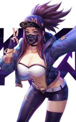 Rule 34 | 1girl, absurdres, akali, blue eyes, breasts, cleavage, commission, curvy, highres, k/da (league of legends), k/da akali, large breasts, midriff, navel, pixiv commission, purple hair, solo, v, veins, veiny breasts, zhengwei (nobber)