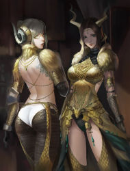 Rule 34 | 2girls, armlet, armor, ass, back, backless outfit, blonde hair, breastplate, circlet, elbow pads, fake horns, gloves, gold trim, green eyes, horned headwear, horns, jewelry, kulve taroth (armor), leotard, leotard under clothes, looking at viewer, looking back, medium hair, monster hunter, monster hunter: world, monster hunter (series), multiple girls, parted lips, phamoz, ponytail, smile, yellow eyes