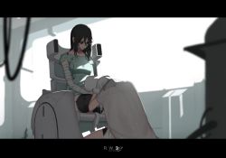 Rule 34 | 2girls, amputee, bandaged arm, bandages, bandaid, brown hair, collarbone, crying, dishwasher1910, double amputee, gloves, hat, hospital gown, lap pillow, letterboxed, looking at another, multiple girls, ruby rose, rwby, sad, sitting, weiss schnee, wheelchair, white hair