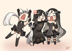 Rule 34 | 3girls, absurdly long hair, anger vein, angry, anna (girls&#039; frontline), ark john up, biting another&#039;s hand, biting arm, biting hand, black hair, blush, chibi, destroyer (girls&#039; frontline), dreamer (girls&#039; frontline), dress, girls&#039; frontline, grabbing another&#039;s hair, long hair, multiple girls, nyto (girls&#039; frontline), paradeus, sangvis ferri, simple background, twintails, very long hair, white hair