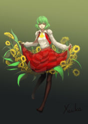 Rule 34 | 1girl, absurdres, character name, checkered clothes, checkered skirt, clothes lift, flower, gradient background, green hair, highres, kazami yuuka, pantyhose, red eyes, short hair, simple background, skirt, skirt lift, solo, sunflower, touhou, yuuuuuuuuuuuuka