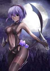 Rule 34 | 1girl, absurdres, backless outfit, bare back, bare shoulders, black gloves, black hairband, center opening, dagger, dark-skinned female, dark skin, dual wielding, fate/grand order, fate/prototype, fate/prototype: fragments of blue and silver, fate (series), fingerless gloves, gloves, hairband, hal nakura, hassan of serenity (fate), highres, holding, knife, looking at viewer, purple eyes, purple hair, reverse grip, short hair, solo, weapon
