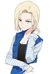 Rule 34 | 1girl, agahari, android 18, arm across waist, black shirt, blonde hair, blue eyes, breasts, cleavage, closed mouth, collarbone, commentary request, denim, denim jacket, denim skirt, dragon ball, dragonball z, earrings, expressionless, hand in own hair, jacket, jewelry, long hair, looking at viewer, medium breasts, serious, shirt, short hair, simple background, skirt, solo, striped clothes, striped shirt, upper body, waistcoat, white background
