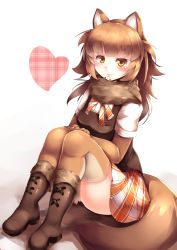 Rule 34 | 10s, 1girl, absurdres, animal ears, boots, bow, bowtie, brown hair, dhole (kemono friends), dog ears, dog tail, fur trim, gloves, heart, highres, kanzakietc, kemono friends, long hair, miniskirt, scarf, simple background, sitting, skirt, tail, thighhighs, white background, yellow eyes