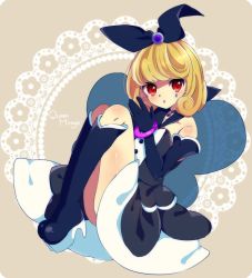 Rule 34 | 10s, 1girl, arm warmers, bad id, bad pixiv id, bare shoulders, black dress, black gloves, blonde hair, boots, character name, choker, detached sleeves, dress, english text, eyelashes, gloves, hair ornament, hair ribbon, happinesscharge precure!, high heels, knee boots, kneehighs, looking at viewer, precure, queen mirage, red eyes, ribbon, rinndouk, short hair, sitting, socks, solo