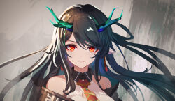 Rule 34 | 1girl, :|, absurdres, arknights, bare shoulders, black hair, closed mouth, daapie, dot nose, dragon girl, dragon horns, dusk, dusk (arknights), earrings, expressionless, green horns, hair intakes, highres, horns, jewelry, long hair, looking at viewer, necktie, off shoulder, pointy ears, red eyes, red necktie, shirt, solo, tassel, tassel earrings, upper body, white shirt