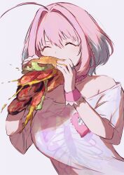 Rule 34 | 1girl, ^ ^, absurdres, ahoge, bare shoulders, blue hair, breasts, burger, burger malfunction, closed eyes, collar, commentary request, earrings, eating, failure, food, grey background, hair between eyes, hair intakes, hamachamu, hands up, highres, holding, holding food, idolmaster, idolmaster cinderella girls, jewelry, ketchup, large breasts, lettuce, meat, motion blur, multicolored hair, mustard, pill earrings, pink hair, ring, shirt, short hair, short sleeves, simple background, skeleton print, solo, tomato, tomato slice, truth, two-tone hair, upper body, white shirt, yumemi riamu