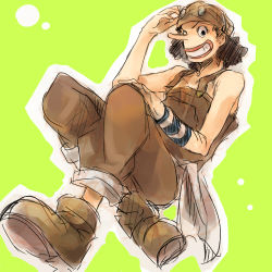 Rule 34 | 1boy, ankle boots, armband, bandana, black hair, boots, goggles, goggles on head, indian style, kuta (maka), lowres, male focus, one piece, overalls, sash, sitting, smile, solo, usopp