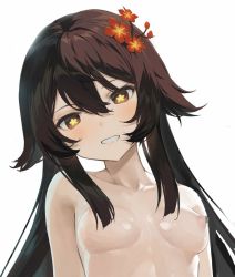 Rule 34 | 1girl, bad id, bad twitter id, breasts, brown hair, censored, censored nipples, clenched teeth, flower, flower-shaped pupils, genshin impact, hair between eyes, hair flower, hair ornament, hair over breasts, hair over one breast, haku89, hu tao (genshin impact), long hair, medium breasts, mosaic censoring, nude, plum blossoms, simple background, smile, solo, symbol-shaped pupils, teeth, twintails, upper body, white background, yellow eyes