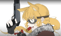 Rule 34 | 1girl, animal ears, asaripan, bad id, bad pixiv id, black gloves, blonde hair, blue eyes, commentary request, dog ears, fingerless gloves, fur trim, girls&#039; frontline, gloves, goggles, gun, holding, holding gun, holding weapon, long hair, m500 (girls&#039; frontline), mossberg 500, mouth hold, profile, pump action, shotgun, shotgun shell, simple background, solo, trigger discipline, weapon