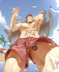 Rule 34 | 1boy, abs, alternate costume, arm behind head, armpit hair, armpits, bar censor, bara, beach, blue eyes, brown hair, censored, cowboy shot, cross scar, cup, drawstring, elec bobo, facial hair, fate/grand order, fate (series), flaccid, foreshortening, foreskin, from below, goatee, highres, holding, holding cup, large pectorals, long sideburns, male focus, male swimwear, muscular, napoleon bonaparte (fate), navel, navel hair, nipples, outdoors, pectorals, penis, penis peek, red male swimwear, red swim trunks, scar, scar on chest, short hair, sideburns, simple background, solo, summer, swim trunks, swimsuit, testicle peek, thick thighs, thighs, upshorts
