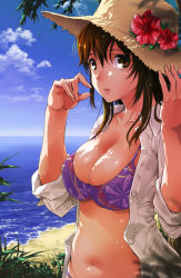 Rule 34 | 1girl, beach, bikini, breasts, brown eyes, brown hair, cleavage, day, dress shirt, hair between eyes, hands up, hat, highres, horizon, large breasts, lips, long hair, looking at viewer, navel, open clothes, open shirt, original, outdoors, parted lips, purple bikini, shade, shirt, sleeves rolled up, solo, straw hat, sun hat, swimsuit, teoshiguruma, unbuttoned, unbuttoned shirt, white shirt