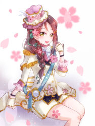 Rule 34 | 1girl, artist name, artist request, back bow, bare legs, black wristband, blush, bow, bowtie, braid, breasts, brown eyes, capelet, clenched hand, detached collar, dress, epaulettes, feathers, female focus, fingerless gloves, floral print, flower, flower print, flower symphony (love live!), gloves, hair between eyes, hair flower, hair ornament, hair over shoulder, hair vines, hairclip, hat, hat feather, hat flower, highres, invisible chair, leg tattoo, long braid, long hair, looking at viewer, love live!, love live! school idol festival, love live! school idol festival all stars, love live! sunshine!!, pants, parted lips, petals, pink detached collar, pink flower, pink petals, pink shirt, plant, red flower, red hair, ritsuka (pixiv45801498), rituka, roman numeral, sakurauchi riko, sash, shirt, shorts, single braid, sitting, sleeve cuffs, small breasts, smile, solo, striped bow, striped clothes, striped shirt, tattoo, vertical-striped clothes, vertical-striped shirt, vines, watch, white background, white bow, white capelet, white dress, white feathers, white gloves, white hat, white pants, white shorts, wristband, yellow eyes