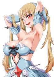 Rule 34 | armpits, arms up, bad id, bad pixiv id, bandeau, bare shoulders, blonde hair, blue dress, blue eyes, blue gloves, blue hairband, breasts, center opening, cleavage, collarbone, detached puffy sleeves, detached sleeves, dress, elbow gloves, era (erasion), gloves, hairband, hands in hair, heterochromia, highres, large breasts, lips, long hair, looking at viewer, open mouth, pink lips, red eyes, ruri (seven knights), seven knights, simple background, smile, solo, strapless, strapless dress, teeth, twintails, very long hair, white background