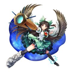 Rule 34 | 1girl, ahoge, arm cannon, asymmetrical footwear, bird wings, black hair, black thighhighs, black wings, bow, breasts, brown eyes, cape, closed mouth, frilled skirt, frills, full body, game cg, green bow, green skirt, hair bow, highres, large breasts, long hair, looking at viewer, mismatched footwear, puffy short sleeves, puffy sleeves, reiuji utsuho, rotte (1109), shirt, short sleeves, simple background, skirt, smile, solo, starry sky print, thighhighs, third-party source, third eye, third eye on chest, touhou, touhou lostword, weapon, white background, white cape, white shirt, wings