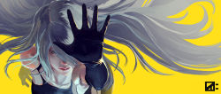 Rule 34 | 1girl, android, arm at side, armlet, bare shoulders, black gloves, blue eyes, breasts, closed mouth, collarbone, colored eyelashes, elbow gloves, eyelashes, from above, gloves, grey eyes, hair between eyes, hair over one eye, highres, joints, lips, long hair, looking at viewer, looking up, matsudaira hito, medium breasts, mole, mole under mouth, nier (series), nier:automata, nose, open hand, outstretched arm, pale skin, pink lips, pointing, pointing at viewer, reaching, reaching towards viewer, robot joints, signature, sleeveless, small breasts, solo, spread fingers, tank top, upper body, white hair, yellow background, a2 (nier:automata)