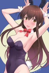 Rule 34 | 1girl, akagi (kancolle), alternate costume, animal ears, azuki-iro, bare shoulders, black bow, black bowtie, black leotard, blue background, bow, bowtie, breasts, brown eyes, brown hair, bunny day, cleavage, detached collar, fake animal ears, kantai collection, leotard, long hair, looking at viewer, medium breasts, open mouth, playboy bunny, rabbit ears, rabbit tail, smile, solo, strapless, strapless leotard, tail, upper body, wrist cuffs