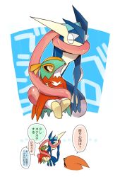 Rule 34 | carrying, closed mouth, commentary request, creatures (company), crossed arms, game freak, gen 6 pokemon, greninja, harvest88, hawlucha, highres, looking at another, nintendo, pokemon, pokemon (creature), sitting, speech bubble, talonflame, tongue scarf, translation request, white background, yellow eyes
