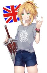 Rule 34 | 1girl, \n/, blonde hair, casual, clarent (fate), contemporary, fate/apocrypha, fate/grand order, fate (series), flag, green eyes, grin, hair ornament, hair scrunchie, kan&#039;yu (citron 82), mordred (fate), mordred (fate/apocrypha), ponytail, scrunchie, shirt, shorts, smile, solo, sword, t-shirt, union jack, united kingdom, weapon, wristband