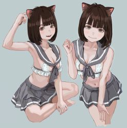 Rule 34 | 1girl, animal ear fluff, animal ears, arm up, blunt bangs, bra, breasts, brown eyes, brown hair, cat ears, closed mouth, commentary request, frilled bra, frills, grey sailor collar, grey skirt, hand to head, hand up, highres, light blush, medium breasts, medium hair, multiple views, open mouth, original, pleated skirt, sailor collar, shiren (ourboy83), simple background, sitting, skirt, smile, standing, teeth, underwear, upper teeth only