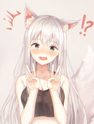 Rule 34 | !?, 1girl, absurdres, animal ear fluff, animal ears, bare arms, bare shoulders, black eyes, black shirt, breasts, cleavage, collarbone, crop top, double v, fang, fox ears, fox girl, fox tail, hands up, highres, large breasts, long hair, looking at viewer, midriff, muyang, open mouth, original, shirt, sleeveless, sleeveless shirt, solo, tail, upper body, v, white hair