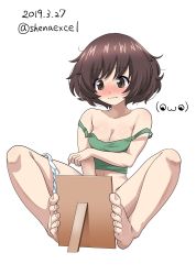 Rule 34 | 1girl, absurdres, akiyama yukari, artist logo, bare shoulders, barefoot, blush, breasts, brown eyes, brown hair, cleavage, closed mouth, commentary, dated, feet, frown, full body, girls und panzer, green shirt, highres, medium breasts, messy hair, mirror, navel, off shoulder, one-hour drawing challenge, panties, panties around leg, shiina excel, shirt, short hair, simple background, sitting, solo, tank top, toes, twitter username, underwear, underwear only, white background, white panties