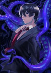 Rule 34 | 1boy, azami datto, black background, black hair, black nails, blue eyes, closed mouth, earrings, film grain, fingernails, formal, hair between eyes, highres, jewelry, looking at viewer, male focus, nail polish, necktie, original, red necktie, solo, suction cups, suit, tentacles