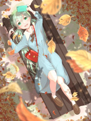 Rule 34 | 1girl, alternate costume, aqua eyes, aqua hair, autumn leaves, bag, bench, blush, bow, bowtie, commentary request, dress, full body, hatsune miku, highres, holding, holding phone, leaf, long hair, lying, maple leaf, on back, open mouth, outdoors, phone, shoes, shoulder bag, smile, twintails, vocaloid, yukichi (yu-ame)