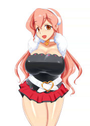 Rule 34 | 10s, 1girl, bad id, breasts, choker, cleavage, corset, curvy, female focus, hair ornament, huge breasts, konmori (kinbou sokai), long hair, miniskirt, muginami, open mouth, orange eyes, pink hair, rinne no lagrange, simple background, skirt, solo, standing, thick thighs, thighs, white background