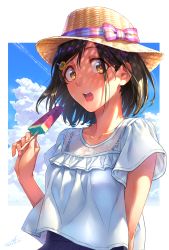 Rule 34 | 1girl, black hair, blouse, cloud, cloudy sky, contrail, dated, day, flower, food, hair flower, hair ornament, hairclip, hat, highres, open mouth, original, outside border, popsicle, shirt, short hair, signature, sky, solo, straw hat, summer, sun hat, sunflower, sunflower hair ornament, watermelon bar, wedo, white shirt, yellow eyes