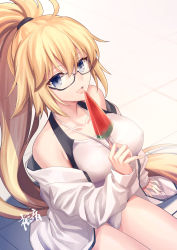 Rule 34 | 1girl, blonde hair, blue eyes, blush, breasts, competition swimsuit, fate/grand order, fate (series), food, glasses, gogatsu fukuin, highres, jacket, jeanne d&#039;arc (fate), jeanne d&#039;arc (ruler) (fate), jeanne d&#039;arc (swimsuit archer) (fate), jeanne d&#039;arc (swimsuit archer) (second ascension) (fate), large breasts, long hair, long sleeves, looking at viewer, one-piece swimsuit, open mouth, ponytail, popsicle, short hair, sitting, swimsuit, thighs, whistle, whistle around neck, white jacket, white one-piece swimsuit