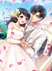 Rule 34 | 1boy, 1girl, bad id, bad pixiv id, balloon, bare shoulders, black eyes, black hair, blue sky, blurry, blurry background, blush, church, commission, day, dress, elbow gloves, flower, formal, gloves, grey vest, hair flower, hair ornament, holding hands, ibuki haruhi, jewelry, long hair, looking at another, looking at viewer, necklace, original, outdoors, petals, sky, stairs, standing, suit, vest, wedding dress, white gloves, white suit
