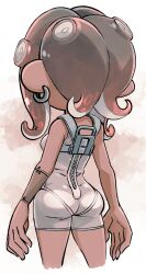 Rule 34 | 1girl, agent 8 (splatoon), ass, bodysuit, breasts, chest harness, circle, commentary request, cropped legs, dark skin, earrings, from behind, gradient hair, harness, highres, jewelry, medium breasts, multicolored hair, muramasa mikado, nintendo, octoling, octoling girl, octoling player character, pointy ears, red hair, simple background, single earring, solo, splatoon (series), splatoon 3, standing, suction cups, tentacle hair, white bodysuit, white hair, zipper