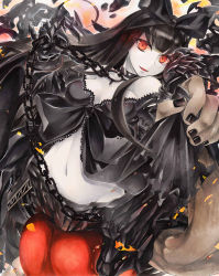 Rule 34 | 10s, 1girl, abyssal ship, bare shoulders, black bow, black hair, bow, breasts, chain, choker, claws, cleavage, gauntlets, glowing, glowing eyes, gothic lolita, hair bow, kantai collection, lolita fashion, long hair, looking at viewer, marker (medium), navel, open mouth, pastel (medium), red eyes, seaplane tender princess, smile, solo, traditional media, very long hair, yukitsuki kokoro