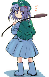 Rule 34 | 1girl, backpack, bag, blue eyes, blue hair, blush, boots, cattail, female focus, full body, green hat, hair bobbles, hair ornament, hat, kawashiro nitori, kurousou, looking back, matching hair/eyes, plant, rubber boots, simple background, skirt, solo, standing, touhou, two side up