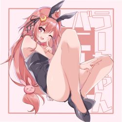 Rule 34 | 1girl, absurdres, ahoge, alternate costume, animal ears, bare legs, black leotard, bow, bowtie, rabbit ears, rabbit hair ornament, rabbit tail, character name, cherry blossoms, commentary request, crescent, crescent hair ornament, detached collar, fake animal ears, full body, hair ornament, highres, index finger raised, kantai collection, leotard, long hair, looking at viewer, neck ribbon, one eye closed, pink hair, playboy bunny, red eyes, red ribbon, ribbon, solo, strapless, strapless leotard, tail, uut, uzuki (kancolle), wrist cuffs