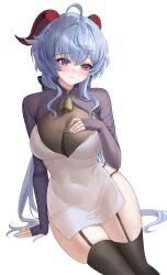 Rule 34 | 1girl, absurdres, ahoge, alternate costume, bell, black garter straps, black thighhighs, blue hair, blush, breasts, cleavage, closed mouth, covered navel, dress, ganyu (genshin impact), garter straps, genshin impact, goat horns, hashtag-only commentary, highres, horns, large breasts, long hair, looking to the side, neck bell, pelvic curtain, ryu o, see-through, see-through cleavage, short dress, shrug (clothing), simple background, sitting, solo, thighhighs, white background, white dress