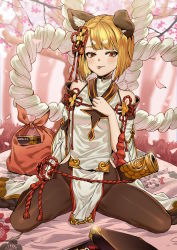 Rule 34 | 1girl, :p, absurdres, animal ears, bad id, bare shoulders, bento, blonde hair, blush, bodysuit, breasts, cherry blossoms, food, granblue fantasy, grass, hair ornament, highres, looking at viewer, makise minami, medium breasts, pantyhose, sheath, short hair, sitting, smile, solo, tongue, tongue out, vajra (granblue fantasy), wariza, yellow eyes