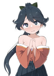 Rule 34 | 1girl, bare shoulders, black eyes, black hair, black hakama, breasts, commentary request, green ribbon, hakama, houshou (kancolle), japanese clothes, kantai collection, kimono, kodachi (kuroyuri shoukougun), looking at viewer, medium breasts, nose, own hands clasped, own hands together, pink kimono, ponytail, ribbon, simple background, solo, tears, white background