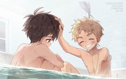 Rule 34 | 2boys, bare pectorals, bathtub, blonde hair, brown hair, child, closed eyes, commentary request, crossed arms, hand in another&#039;s hair, headpat, indoors, koe (mixpi), male focus, multiple boys, nipples, original, partially submerged, pectorals, submerged, teeth, tile wall, tiles, water