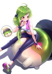 1girl absurdres ahoge bare_shoulders black_hat black_pants blush curry_bowl delutaya diagonal_bangs green_hair hair_ornament hair_scrunchie halo hat heart highres indie_virtual_youtuber looking_back looking_down mascot midriff navel nose_blush open_mouth pants parted_lips red_eyes scrunchie shoes side_ponytail sitting sitting_on_face sitting_on_person sneakers sweatband tank_top thought_bubble towel towel_around_neck triangle_hair_ornament virtual_youtuber white_background white_tank_top workout_clothes