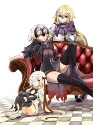 Rule 34 | 3girls, armor, armored dress, bell, black gloves, black legwear, blonde hair, blush, breasts, elbow gloves, fate/apocrypha, fate/grand order, fate (series), gloves, hair ribbon, headpiece, jeanne d&#039;arc alter (fate), jeanne d&#039;arc (fate), jeanne d&#039;arc (ruler) (fate), jeanne d&#039;arc alter santa lily (fate), large breasts, long hair, looking at viewer, mgk968, multiple girls, ribbon, short hair, small breasts, smile, solo focus, yellow eyes