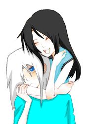 Rule 34 | ^ ^, black hair, blue eyes, blush, closed eyes, frown, happy, hug, jpeg artifacts, long hair, open mouth, pale skin, source request, third-party edit, white hair