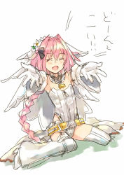 Rule 34 | 1boy, :d, armpits, arms up, astolfo (fate), bare shoulders, belt, black bow, blush, bow, braid, bridal veil, chain, closed eyes, commentary request, cosplay, detached collar, detached sleeves, dutch angle, facing viewer, fang, fate/apocrypha, fate (series), flower, frills, full-length zipper, full body, garter straps, gloves, hair between eyes, hair bow, hair flower, hair intakes, hair ornament, happy, head wreath, high heels, highleg, highleg leotard, leotard, lock, long hair, long sleeves, male focus, multicolored hair, nero claudius (bride) (fate), nero claudius (bride) (fate) (cosplay), nero claudius (bride) (second ascension) (fate), nero claudius (fate), nero claudius (fate) (all), open mouth, outstretched arms, outstretched hand, padlock, pink hair, puffy long sleeves, puffy sleeves, raised eyebrows, reaching, reaching towards viewer, simple background, single braid, single garter strap, sitting, sketch, smile, solo, streaked hair, thighhighs, translation request, trap, two-tone hair, veil, very long hair, wanko (takohati8), wariza, white background, white flower, white footwear, white gloves, white hair, white leotard, white thighhighs, wide sleeves, yellow belt, zipper, zipper pull tab