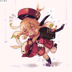 Rule 34 | 1girl, :3, absurdres, ahoge, backpack, bag, bag charm, bloomers, blush, blush stickers, boots, brown footwear, brown gloves, brown scarf, cabbage, carrying, charm (object), chibi, clover print, coat, commentary request, crying, crying with eyes open, dodoco (genshin impact), falling, flying sweatdrops, genshin impact, gloves, hair between eyes, hat, hat feather, hat ornament, highres, jumpy dumpty, klee (genshin impact), knee boots, kneehighs, light brown hair, long hair, looking at viewer, low twintails, orange eyes, pocket, pointy ears, randoseru, red coat, red hat, rishixiyan, scarf, short sleeves, sidelocks, simple background, socks, solo, stepping stones, tears, tripping, twintails, underwear, unworn hat, unworn headwear